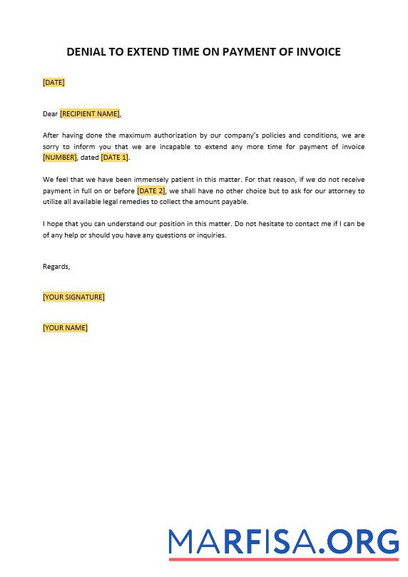 Realistic Denial to Extend Time on Payment of Invoice Template